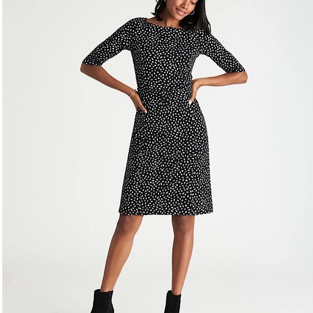 NWT Ann Taylor Petite Black White Spotted Dot Print Belted Sheath Dress Size 00